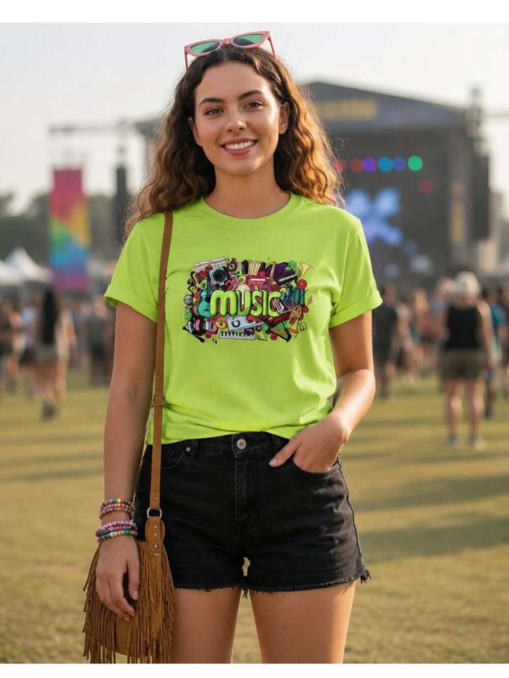 Bright Green Music Graphic Tee Small Musiccore Color Pop Shirt